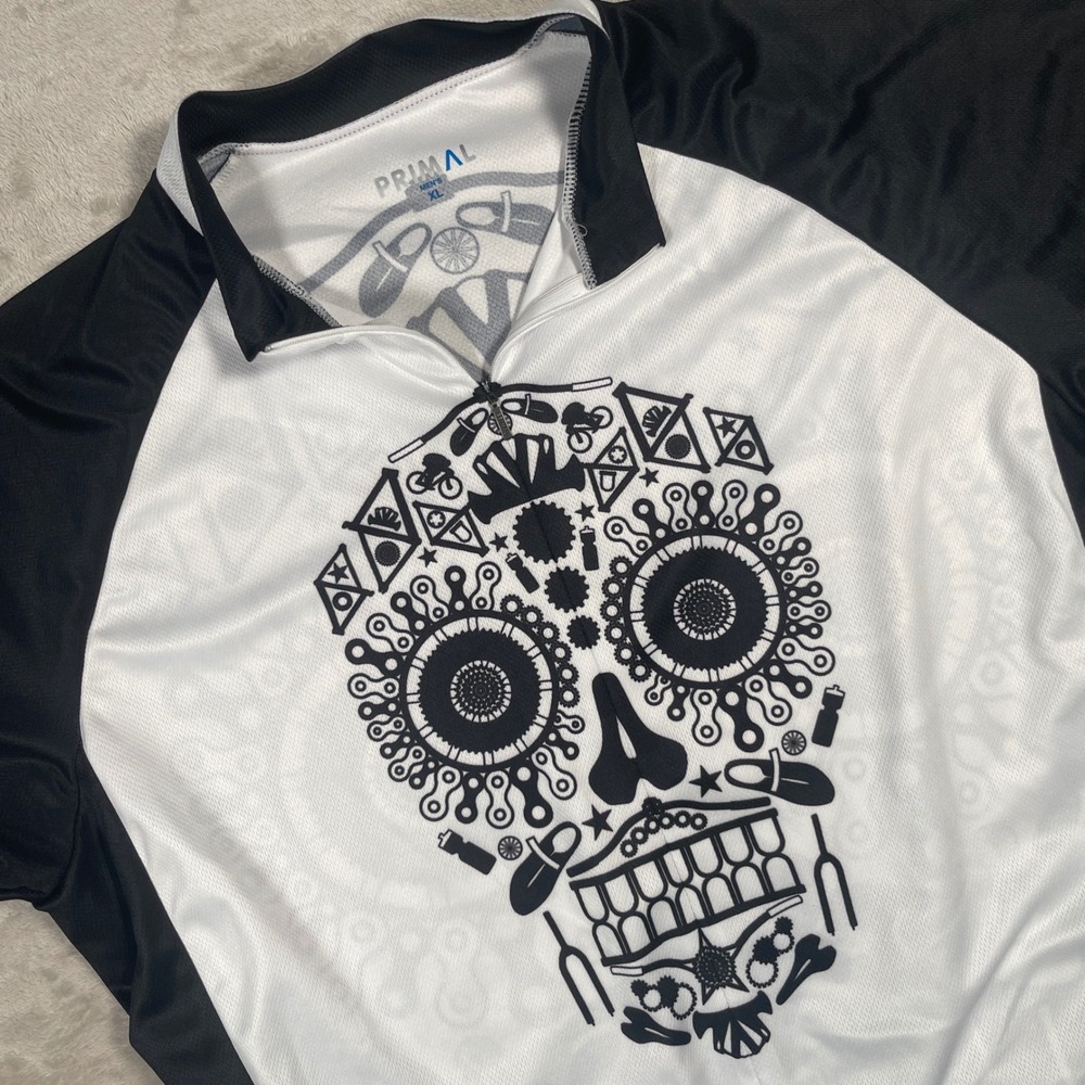 Primal Cycling Jersey Sugar Skull Men XL White Black Short Sleeve 1/4 Zip MTB